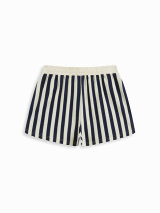 Knit Fabric Color-Blocked Stripes Collar Top & Mid Rise Drawstring Shorts Set For Daily Casual