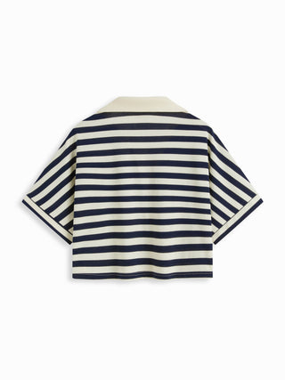 Knit Fabric Color-Blocked Stripes Collar Top & Mid Rise Drawstring Shorts Set For Daily Casual
