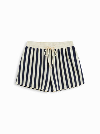 Knit Fabric Color-Blocked Stripes Collar Top & Mid Rise Drawstring Shorts Set For Daily Casual