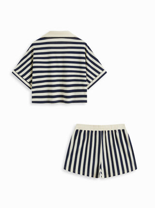 Knit Fabric Color-Blocked Stripes Collar Top & Mid Rise Drawstring Shorts Set For Daily Casual