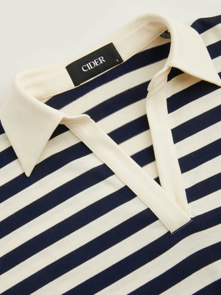 Knit Fabric Color-Blocked Stripes Collar Top & Mid Rise Drawstring Shorts Set For Daily Casual