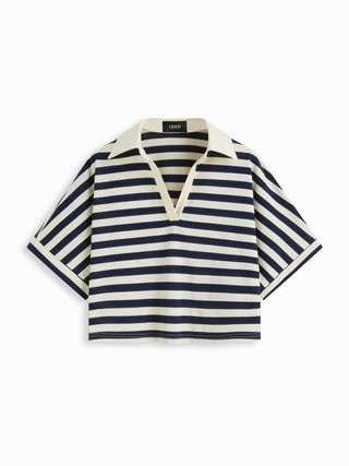 Knit Fabric Color-Blocked Stripes Collar Top & Mid Rise Drawstring Shorts Set For Daily Casual