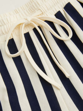 Knit Fabric Color-Blocked Stripes Collar Top & Mid Rise Drawstring Shorts Set For Daily Casual