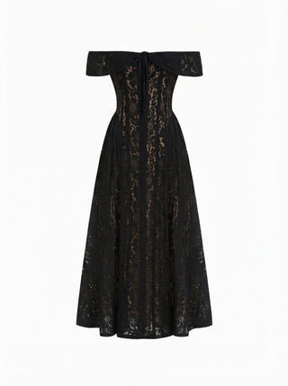Lace Sculptural Off-Shoulder Knotted Flared Maxi Dress