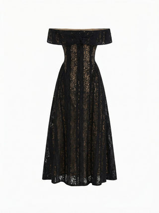 Lace Sculptural Off-Shoulder Knotted Flared Maxi Dress