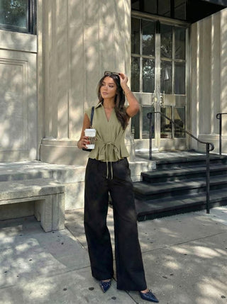 V-Neck Ruched Ruffled Tie Front Blouse