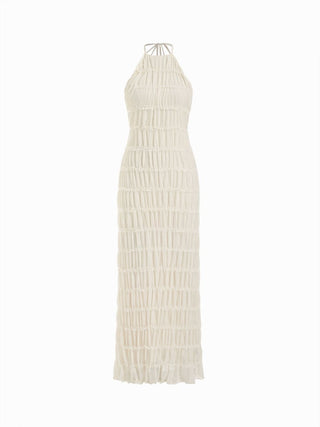 Chiffon Halter Neckline Sleeveless Ruched Straight Maxi Dress