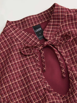 Cotton Gingham Mandarin Collar Puff Sleeve Bowknot Blouse