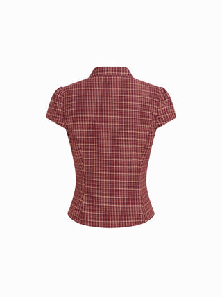 Cotton Gingham Mandarin Collar Puff Sleeve Bowknot Blouse