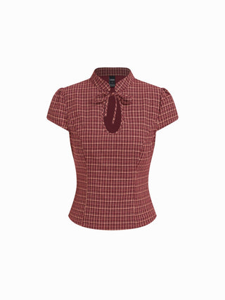 Cotton Gingham Mandarin Collar Puff Sleeve Bowknot Blouse