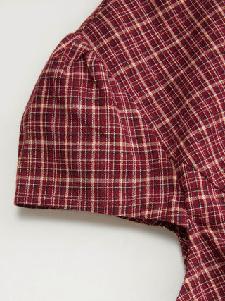 Cotton Gingham Mandarin Collar Puff Sleeve Bowknot Blouse