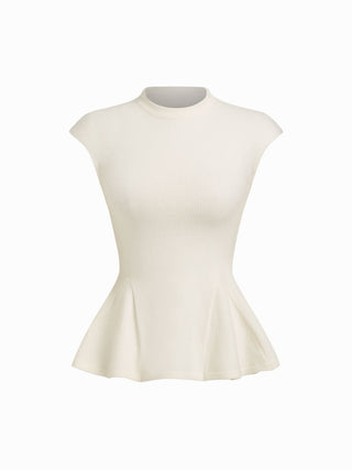 Knit Stand Collar Peplum Hem Short Sleeve Top