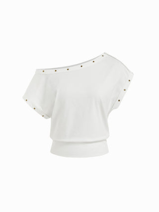Cotton-blend Asymmetrical Neck Oversize Crop Tee
