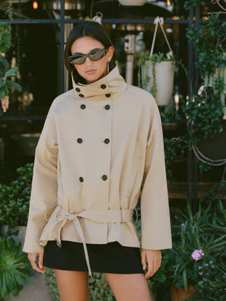 Multi-way Cotton Funnel Neck Double Breasted Oversized Windbreaker With Belt