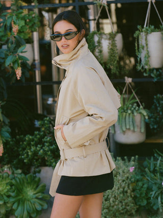 Multi-way Cotton Funnel Neck Double Breasted Oversized Windbreaker With Belt