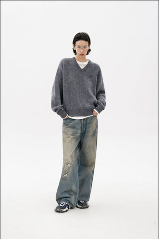 [MASONPRINCE] Double-Sided Jacquard V-Neck Wool Blend Sweater