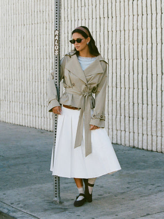 Cotton-blend Collar Long Sleeve Belted Crop Windbreaker