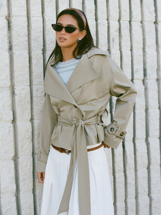 Cotton-blend Collar Long Sleeve Belted Crop Windbreaker