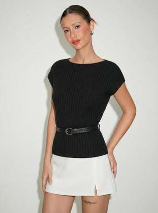 Knit Boat Neck Top With Belt