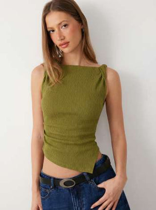 Jersey Boat Neck Asymmetrical Hem Ruched Tank Top For Daily Casual Work