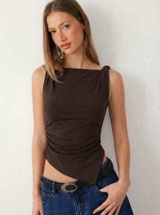 Jersey Boat Neck Asymmetrical Hem Ruched Tank Top For Daily Casual Work