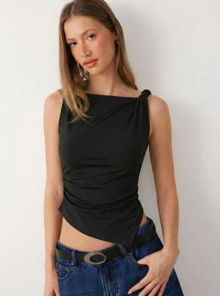 Jersey Boat Neck Asymmetrical Hem Ruched Tank Top For Daily Casual Work