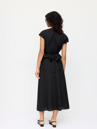 Cotton V-Neck Button Front Peplum Top & Mid Rise A-line Maxi Skirt Set With Belt