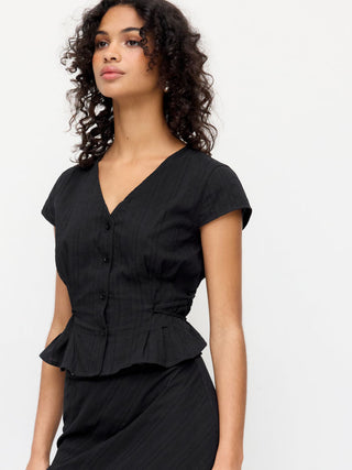 Cotton V-Neck Button Front Peplum Top & Mid Rise A-line Maxi Skirt Set With Belt