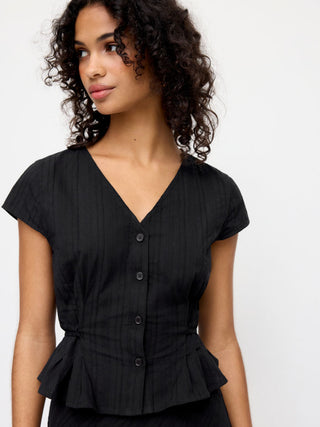 Cotton V-Neck Button Front Peplum Top & Mid Rise A-line Maxi Skirt Set With Belt