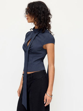 Striped Stand Collar Cut Out Blouse With Scarf
