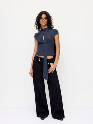 Striped Stand Collar Cut Out Blouse With Scarf