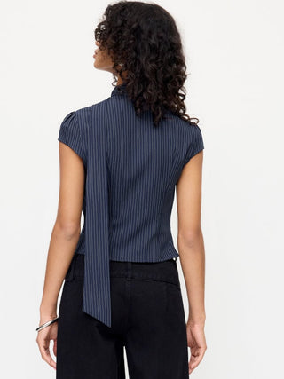 Striped Stand Collar Cut Out Blouse With Scarf
