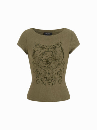Knit Fabric High Stretch Boat Neck Graphic Tee For Daily Casual