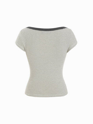 Knit Fabric Cotton-blend Striped Boat Neck Short Sleeve Tee For Daily Casual