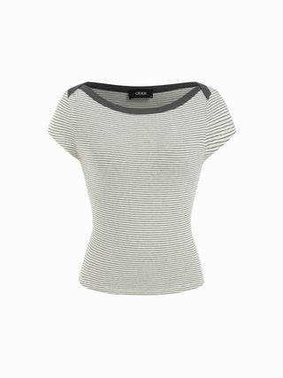 Knit Fabric Cotton-blend Striped Boat Neck Short Sleeve Tee For Daily Casual