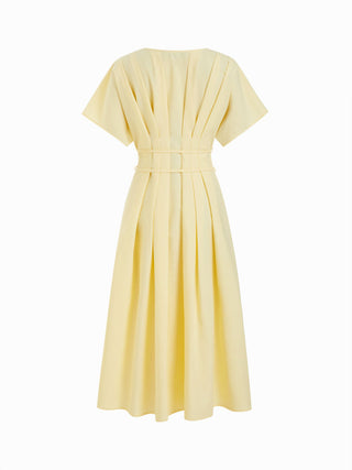 Linen-blend V-neck Pleated Knotted A-line Maxi Dress
