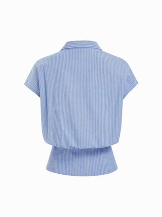 Linen-blend Striped High Neck Knotted Blouse With Scarf
