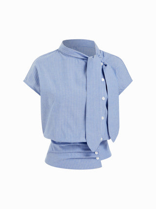 Linen-blend Striped High Neck Knotted Blouse With Scarf