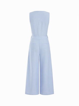Woven V-neck Metal Button Pocket Wide Leg Jumpsuit For Work