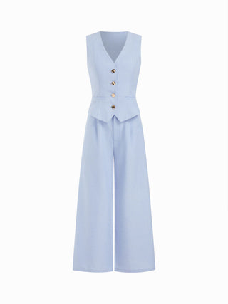 Woven V-neck Metal Button Pocket Wide Leg Jumpsuit For Work