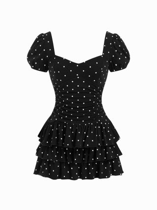 Cotton-blend Sweetheart Puff Sleeve Ruched Tiered Mini Dress