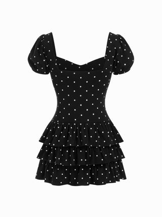 Cotton-blend Sweetheart Puff Sleeve Ruched Tiered Mini Dress