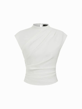 Woven Stand Collar Ruched Crop Blouse