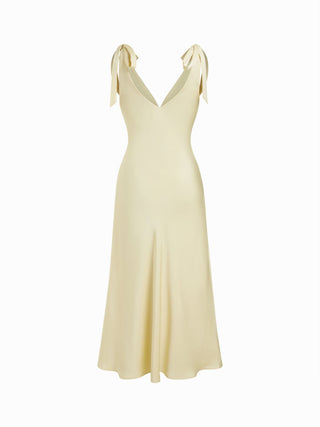 Satin V-neck Twist Knotted Flared Maxi Dress