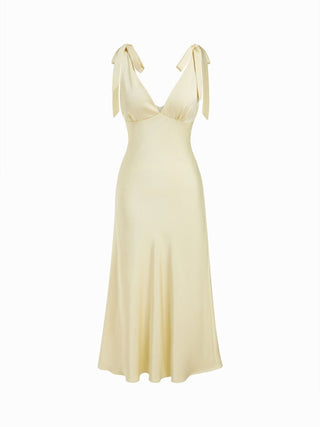 Satin V-neck Twist Knotted Flared Maxi Dress