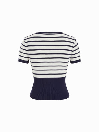 Knit Fabric Knit Striped High Stretch Short Sleeve Cardigan With Pearl Buttons For Daily Casual Coffee Shop Work