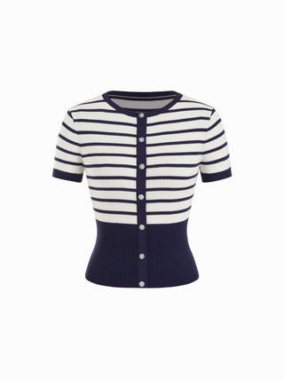 Knit Fabric Knit Striped High Stretch Short Sleeve Cardigan With Pearl Buttons For Daily Casual Coffee Shop Work