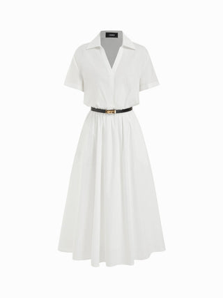 Cotton-blend Collar Shirt Maxi Dress With Metal Detail Belt