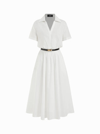 Cotton-blend Collar Shirt Maxi Dress With Metal Detail Belt