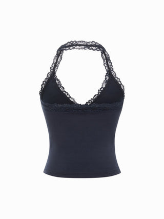 Cotton-blend Halter Neck Lace Trim Slim Cami Top